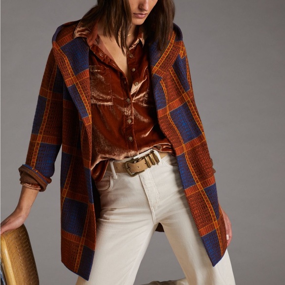 NWT ANTHROPOLOGIE field flower plaid wool sweater coat - Picture 2 of 6